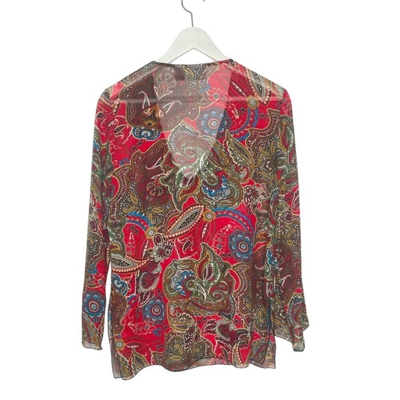 CHICO'S Silk Red Brown Paisley Print Beaded Embellished V-Neck Tunic Blouse Sz S - Picture 5 of 5